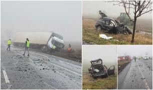 Dezastru pe o șosea din Buzău. Sunt doi morți, după ce un TIR și un Mercedes s-au ciocnit frontal, la Mihăilești