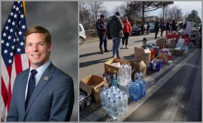 Congresmanul Eric Swalwell, colaj cu o imagine cu refugiaţi ucraineni care primesc ajutor în PTF Siret