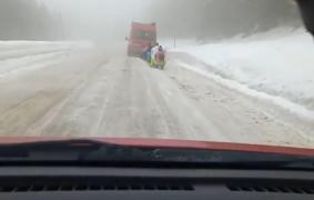 Imagini ireale surprinse de camera de bord. Un microbuz cu numere de Hunedoara trage şase sănii pe care află copii: "Ăştia nu-s sănătoşi la cap" | VIDEO