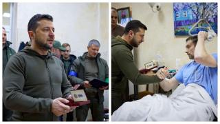 Președintele Volodimir Zelensky vizitează militari ucraineni răniţi la un spital militar