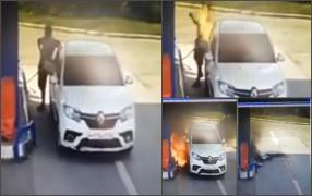 Moment dramatic surprins de camerele de supraveghere: A luat foc după ce și-a aprins o țigară lângă pompa de alimentare, în Rusia