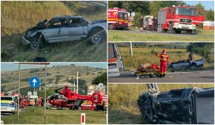 Accident cu 4 victime la Rupea. O șoferiță care conducea o mașină cu volan pe dreapta a lovit un cap de pod