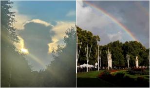 Nor sub forma chipului suveranei, curcubeu deasupra Palatului Buckingham