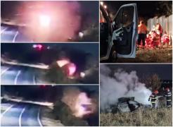 Tânăr fără permis, mort pe loc după ce a intrat pe contrasens, a lovit o maşină, apoi a luat foc. 2 pasageri, răniţi grav în urma exploziei din Galaţi