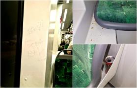 Imagini din cele mei noi tramvaie introduse în Capitală, după 2 zile: pereți desenaţi, mizerie şi ambalaje aruncate peste tot