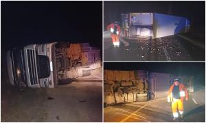 Un șofer ucrainean beat a blocat cu TIR-ul un drum din Bacău. Camionul plin cu cereale s-a răsturnat pe șosea