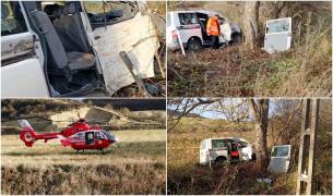 Patru oameni, în stare grav la spital după un impact violent pe o șosea din Cluj. Șoferul a încercat să evite un tractor și s-a înfipt cu duba într-un pom