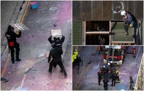 Clădirile dintr-un cartier bogat al Barcelonei, evacuate cu scandal. Polițiștii, atacați cu pietre şi fumigene: 7 persoane au fost arestate