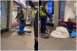 Un angajat al McDonald's, filmat cum aruncă apă murdară pe sacul de dormit al unui om al străzii. "De abia am dormit, aveam totul ud"