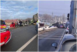 Accident grav în Galaţi. Doi şoferi au rămas încarceraţi, după ce un camion şi o autospecială s-au ciocnit şi au ajuns în şanţ