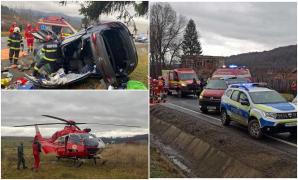 Accident cu un mort, pe DN1. Șoferul mașinii a intrat pe contrasens, s-a izbit violent de un cap de pod, apoi s-a răsturnat. Alte două persoane, grav rănite