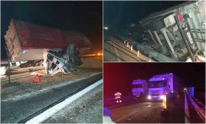 Două TIR-uri s-au ciocnit violent pe A2, în Călărași. Unul dintre ele s-a răsturnat pe contrasens, iar șoferul a fost rănit
