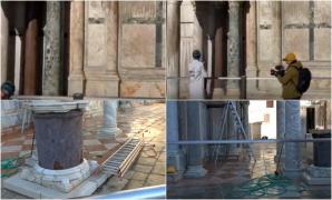 Fațada Bazilicii Sfântul Marcu din Veneția, acoperită cu pudră de cacao de activiștii de mediu. Au folosit extinctoare de incendiu drept pulverizatoare