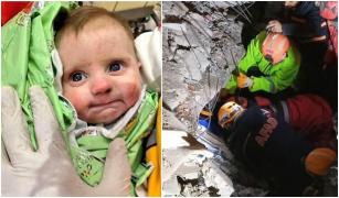 Cu ochii mari, bebelușul privește chipurile salvatorilor. A luptat și a supraviețuit miraculos sub o clădire prăbușită timp de 128 de ore, în Turcia