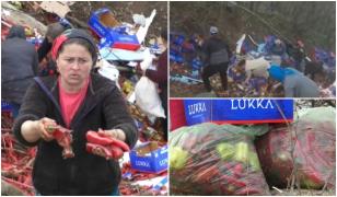 "Suntem oameni săraci". Au cărat ardei kapia cu sacii, după ce marfa s-a răsturnat într-o râpă în urma unui accident rutier, în Mehedinţi