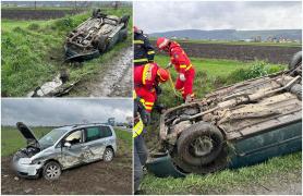 Accident teribil în Pătrăuţi, între două autoturisme. Una dintre maşini s-a răsturnat în şanţ. Cinci persoane implicate