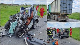 Șofer mort într-un Smart făcut bucăți, pe centura Aradului. Mașina s-a înfipt cu viteză într-un camion