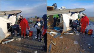 Bărbat grav rănit, după ce o basculantă încărcată cu nisip s-a răsturnat pe A1. Traficul, restricționat