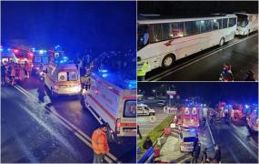 La un pas de tragedie! Două autocare cu 90 de elevi s-au ciocnit pe DN1, în Sibiu. 34 de persoane, îngrijite la locul accidentului. S-a activat planul roșu