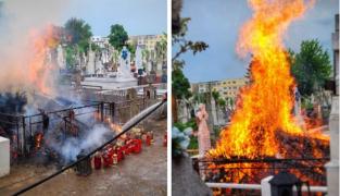 Incendiu într-un cimitir din Giurgiu. La sosirea pompierilor, ardeau violent coroanele așezate pe un mormânt