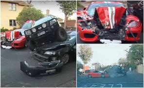 Momentul în care un Ferrari de 600.000 de euro se face praf pe o şosea din Australia. Şoferul a pierdut controlul şi s-a izbit violent de alte 2 maşini