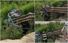 Mașină străpunsă de balustrada metalică, pe un drum din Satu Mare. Șoferul de 30 de ani ar fi adormit la volan