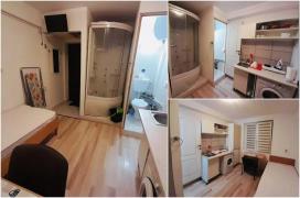 Cum arată garsoniera de 11 mp, închiriată cu 170 de euro, în Cluj. Duşul, bucătăria şi dormitorul, în aceeaşi cameră