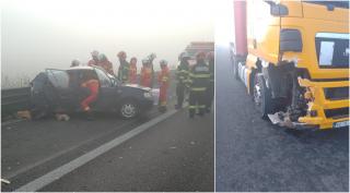 Accident pe A1 Sibiu-Deva. O persoană, rănită grav după ce s-a ciocnit cu maşina de un TIR şi a ricoşat în parapet