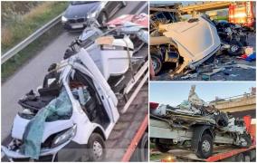 Dezastru provocat de un șofer român, pe autostrada M1 din Ungaria. Sătmăreanul s-a înfipt cu duba într-un camion oprit din cauza unui alt accident