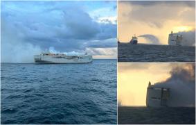 Incendiu puternic pe o navă cu 3.000 de maşini, în largul coastei olandeze. O persoană moartă, după ce un vehicul electric ar fi luat foc