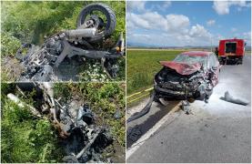Impact fatal, pe o șosea din Harghita. Motociclist mort pe loc, după un accident violent. Motorul a ars ca o torță