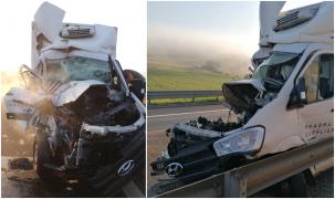 Imagini de groază pe autostrada A1 Sibiu-Sebeș. Un șofer și-a făcut duba praf, după ce a izbit un TIR, apoi s-a înfipt în parapetul median