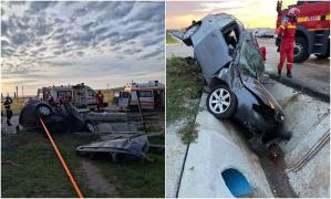 Trei oameni pe patul de spital, după ce mașina în care se aflau a ieșit de pe șosea și s-a înfipt într-un canal de scurgere, în Iași