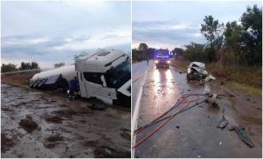 Prăpăd pe o șosea din Vaslui. Două persoane, rănite după ce o mașină și o cisternă care transporta combustibil s-au izbit violent