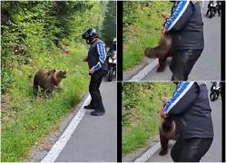 Gestul inconştient al unui motociclist pe Transfăgăraşan. Bărbatul, filmat în timp ce hrăneşte un urs care se năpusteşte asupra lui