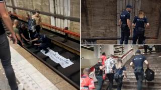 bărbat care s-a legat de șinele de metrou în stația Unirii din București
