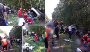 Accident înspăimântător, în Vaslui. O mașină s-a răsturnat iar o alta a luat foc, după impactul violent. Două persoane, la spital