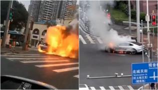 Un Porsche Taycan de 250.000 de dolari s-a făcut scrum într-o intersecție din China. Bolidul de lux a luat foc după un scurtcircuit electric