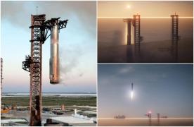 SpaceX, misiune spectaculoasă încheiată cu succes. O parte din mega-racheta Starship, prinsă din zbor - VIDEO