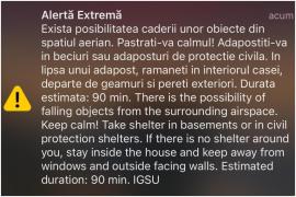 Mesajele RO-Alert au sunat din nou în Tulcea. Cetăţenii, avertizaţi de posibilitatea căderii a unor obiecte din spațiul aerian