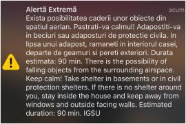 Mesajele RO-Alert au sunat din nou Tulcea. Cetăţenii, avertizaţi de posibilitatea căderii a unor obiecte din spațiul aerian