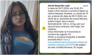 Mesaj RO-Alert pentru găsirea unei copile de 13 ani. Andreea e dispărută de aproape 24 de ore din Mioveni, Argeş