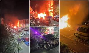 Focul care a distrus 8 maşini, într-o parcare din Arad, ar fi fost pus. Prima ipoteză a pompierilor a fost un scurtcircuit