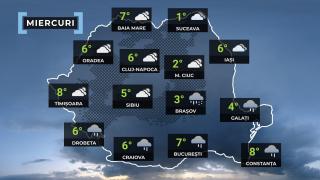 Vremea de mâine 25 decembrie. Va ploua în continuare în sudul ţării. Minime se vor încadra între -1 şi 8 grade