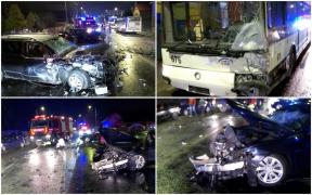Impact dezastruos în Florești, Cuj. Trei adulți și un copil, răniți după ce două mașini și un autobuz s-au făcut praf pe șosea