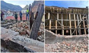 Imobil cu 12 apartamente din centrul istoric al Braşovului, evacuat: o parte din calcanul casei s-a prăbuşit. Monumentul datează din 1700