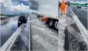 Carambol violent pe A1. Momenul în care două maşini, un microbuz şi un TIR s-au ciocnit din cauza gheţii de pe şosea