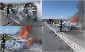 Maşină mistuită de flăcări pe centura din Suceava. Focul ar fi izbucnit de la un scurtcircuit