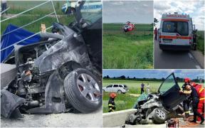 Maşină făcută zob într-un accident de groază, în Costeşti. Un bărbat a murit, alţi doi grav răniţi. Unul dintre şoferi, de 18 ani, nu avea permis 