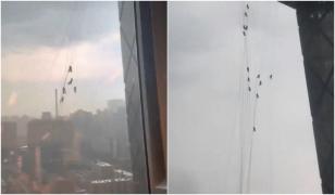 Momentul terifiant în care mai mulţi muncitori chinezi rămân suspendaţi la etajul 51 al unei clădiri, din cauza vântului puternic